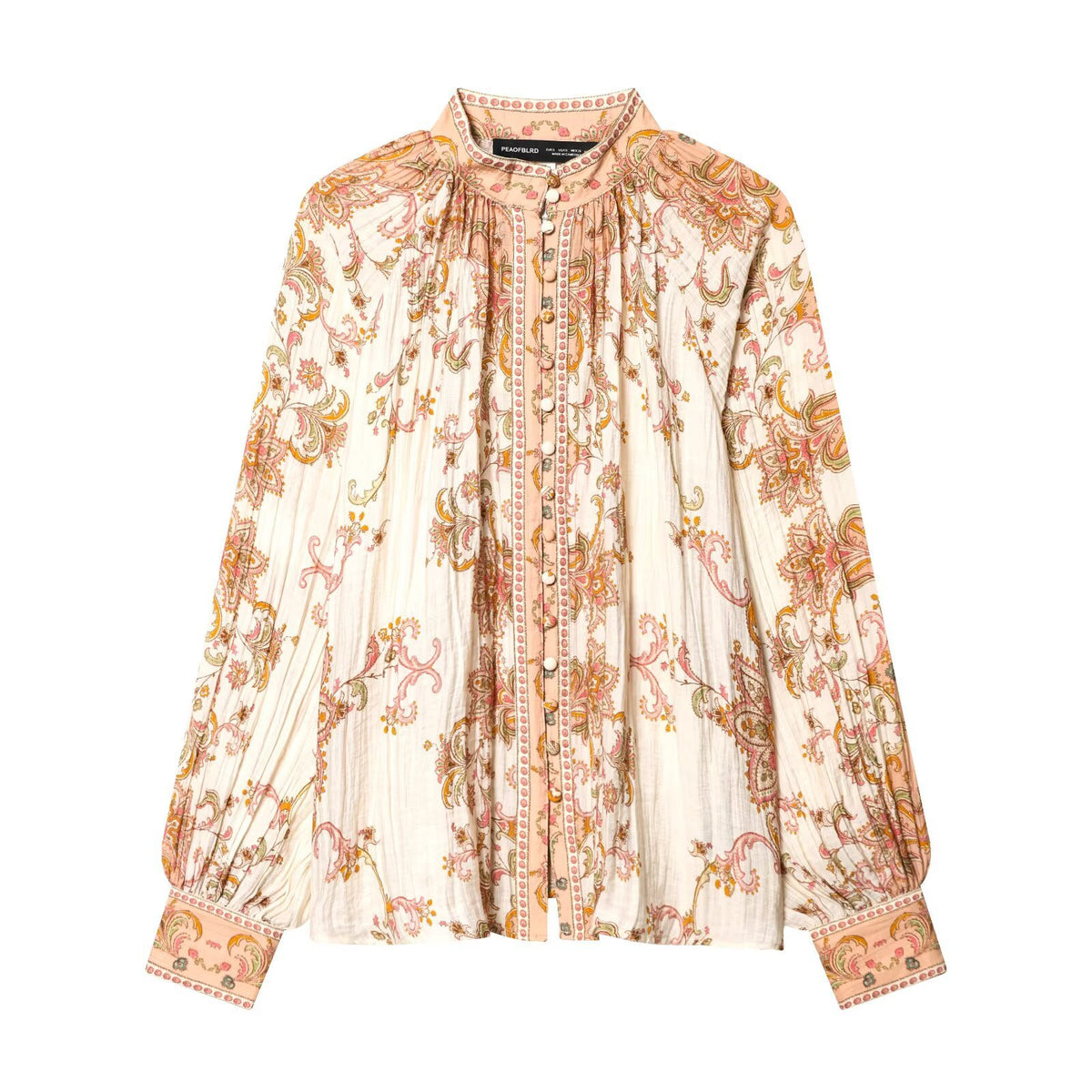 Blusa stampata con pieghe e maniche ampie — Fantasia beige