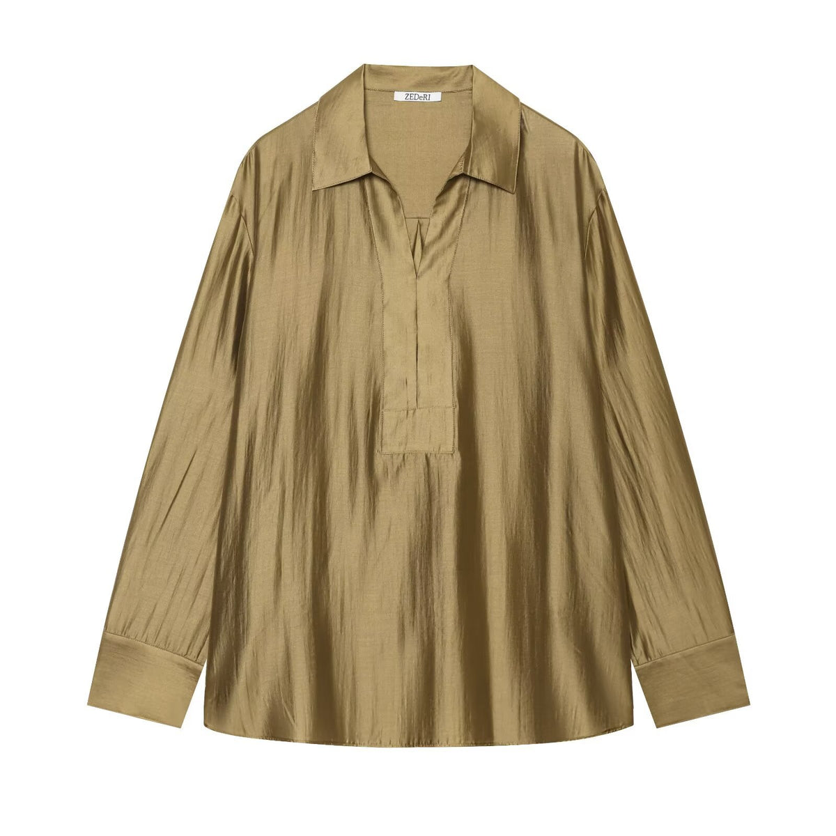 Camicia color cammello effetto satinato con arricciature