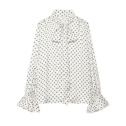 Camicia bianca a pois con fiocco al collo