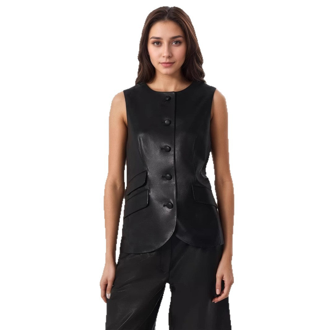 Gilet nero effetto pelle con bottoni