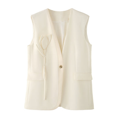 Gilet avorio lungo con bottone e tasche