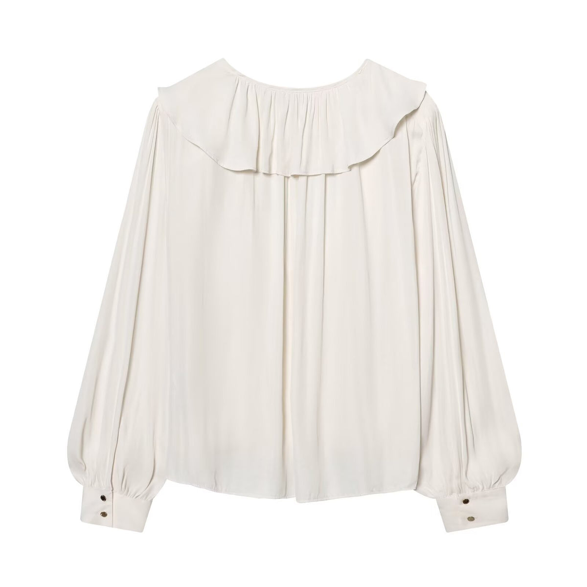 Blusa satinata con volant e maniche lunghe