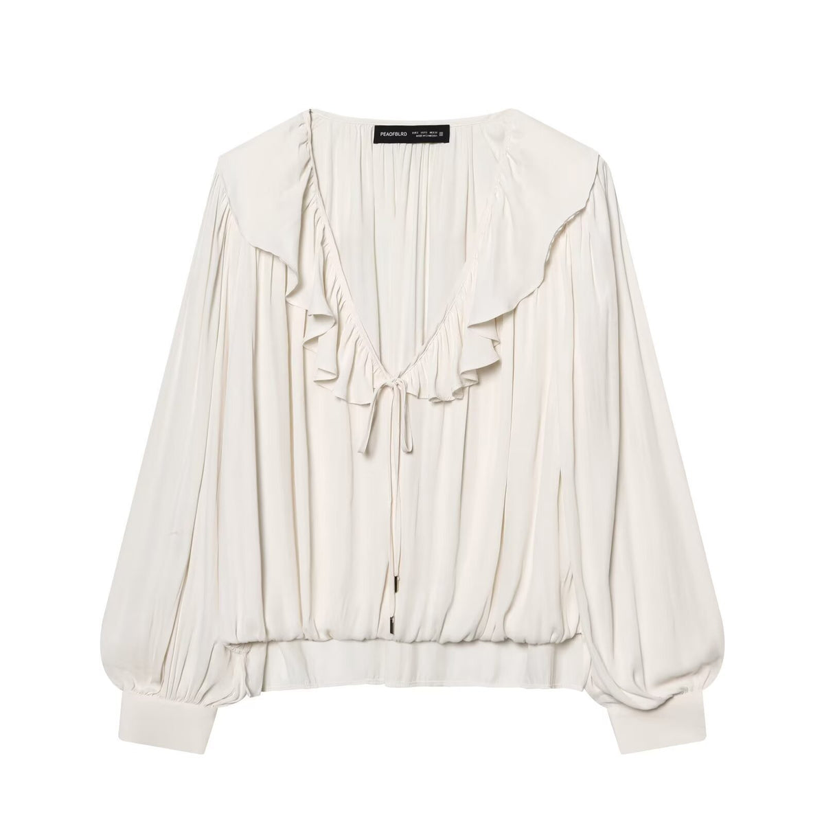 Blusa satinata con volant e maniche lunghe
