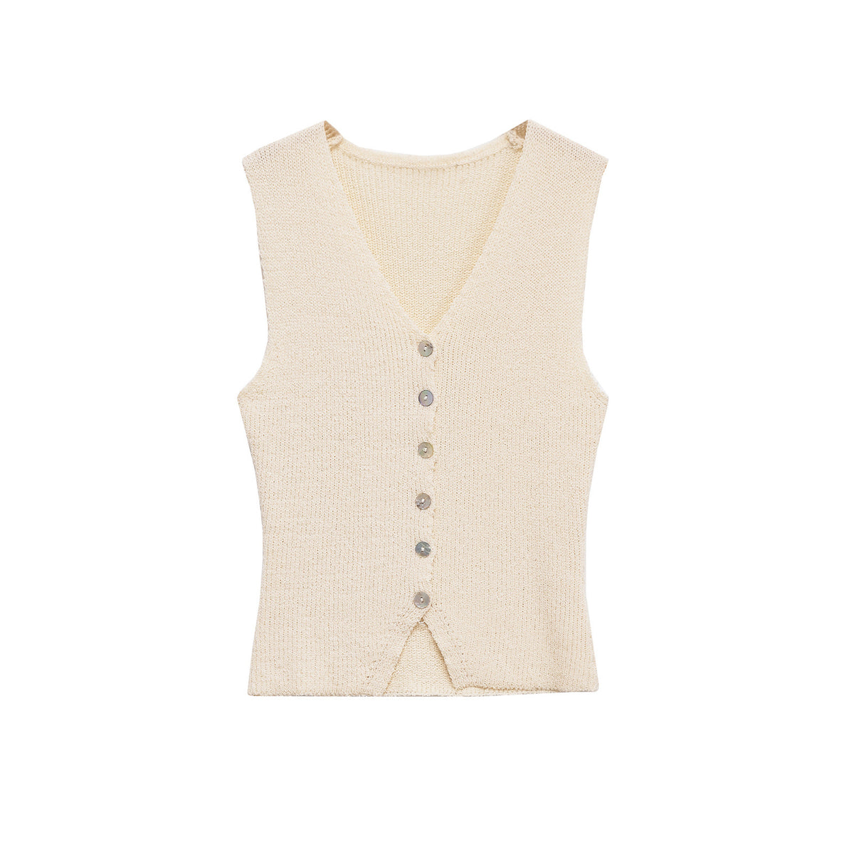 Gilet beige in maglia a coste con piccoli bottoni