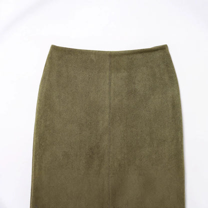 Gonna verde oliva effetto scamosciato con spacco