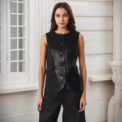 Gilet nero effetto pelle con bottoni