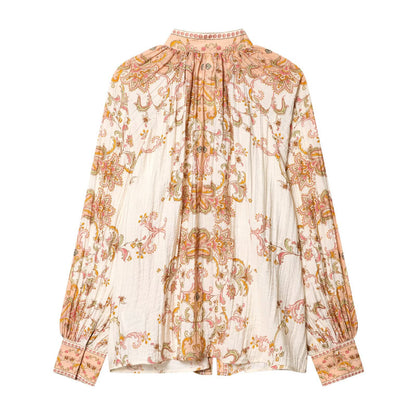 Blusa stampata con pieghe e maniche ampie