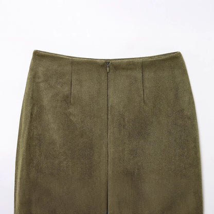 Gonna verde oliva effetto scamosciato con spacco