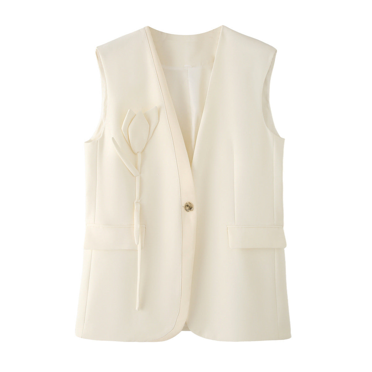 Gilet avorio lungo con bottone e tasche