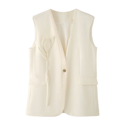Gilet avorio lungo con bottone e tasche