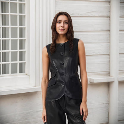 Gilet nero effetto pelle con bottoni