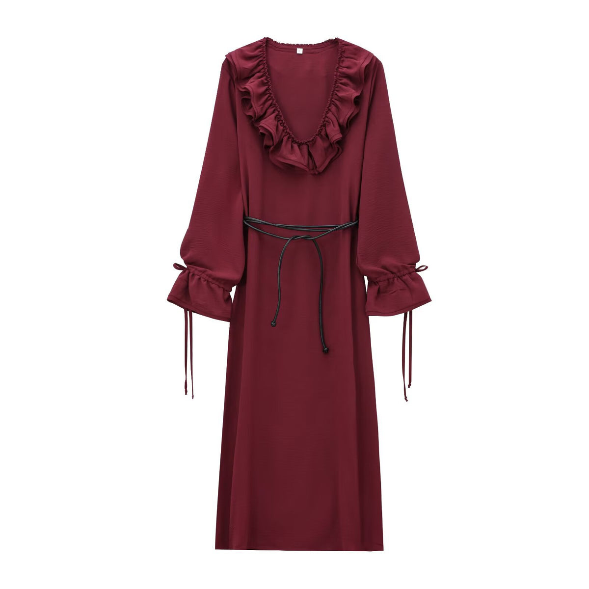 Abito midi bordeaux con volant e laccetti — Bordeaux