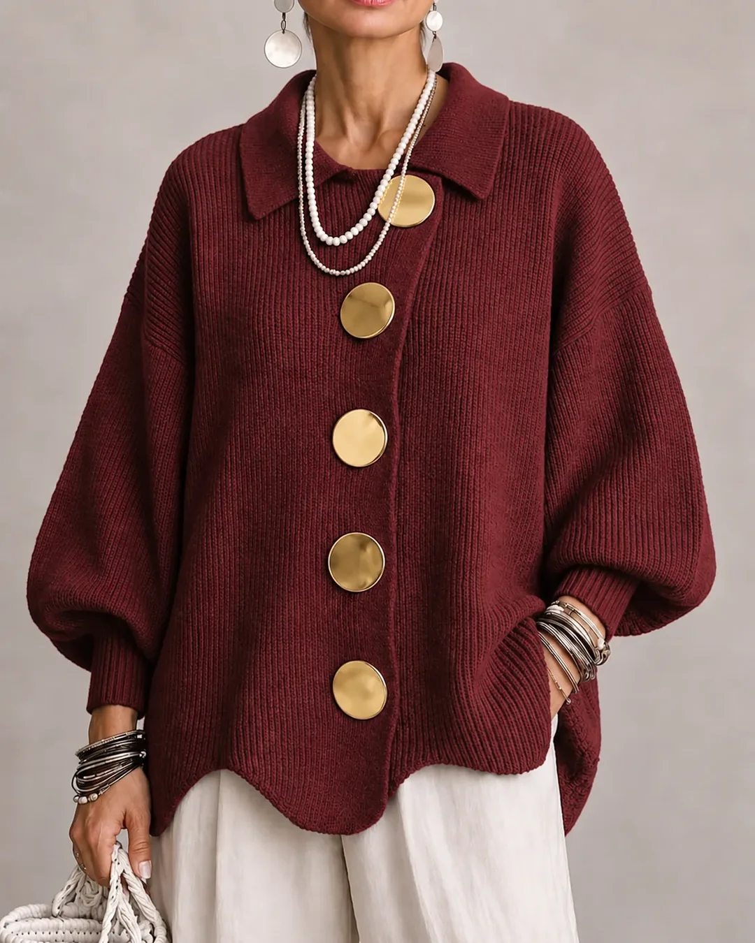 Cardigan oversize con bottoni dorati — Bordeaux