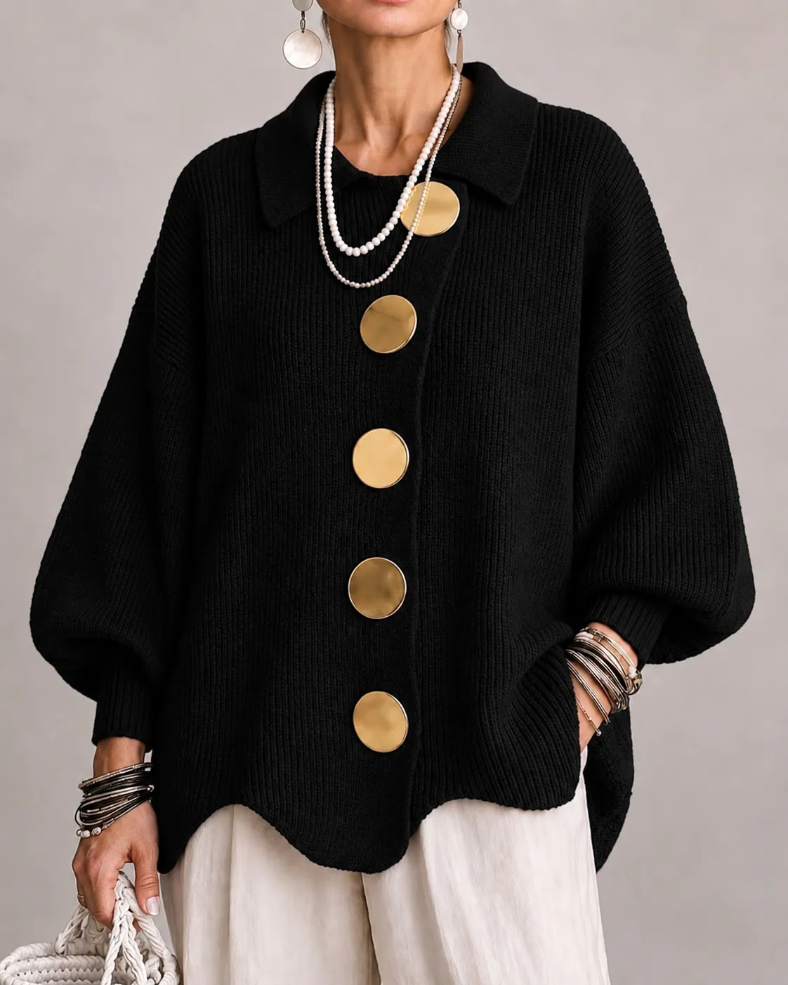 Cardigan oversize con bottoni dorati — Nero